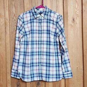 Talbots Button Down Cotton Casual Tunic Shirt, XS, White, Blue, Pink Plaid